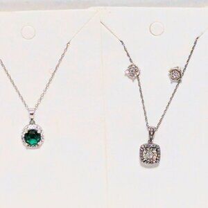 Set of 3- 925 Necklaces, 1 garnet, 1 -1/10th Diamond w/ studs, & 1- LC Emerald!